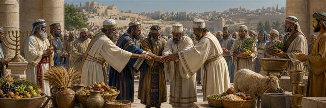 Community leaders affirming covenant commitments surrounded by offerings and temple servants