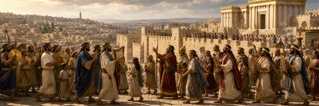 Two great choirs with musicians processing along Jerusalem's wall toward the temple