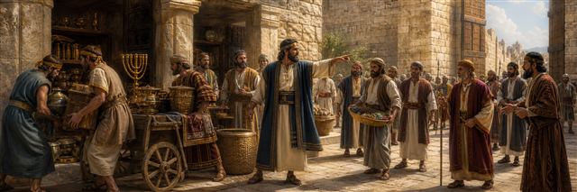 Nehemiah restoring a temple storeroom while directing Sabbath traders away from Jerusalem's gates