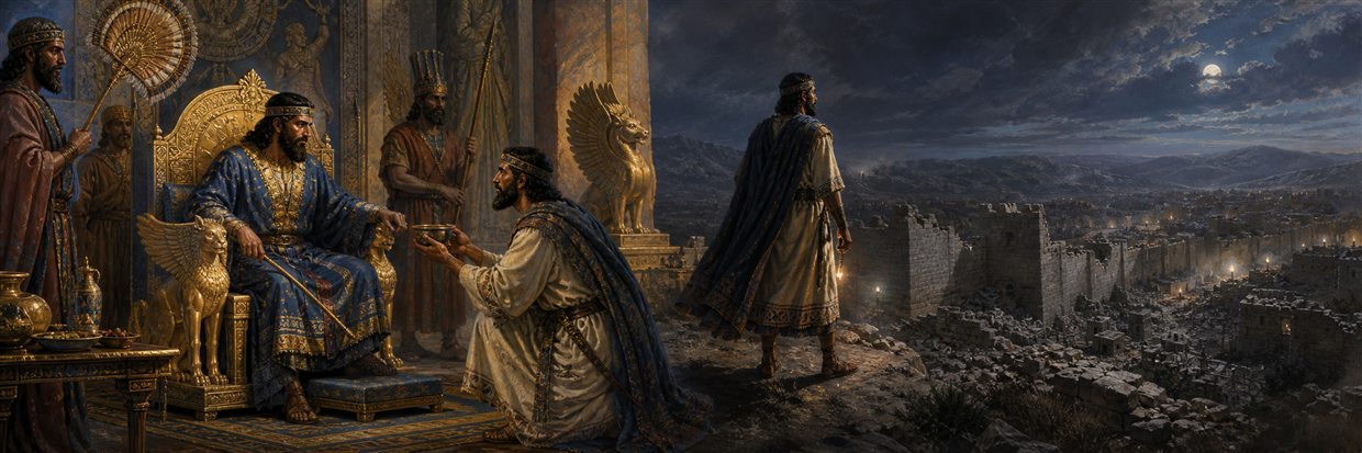 Nehemiah before Artaxerxes and later inspecting Jerusalem's ruined walls by moonlight