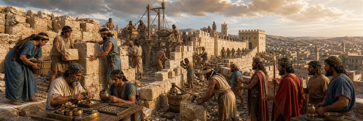 Families, priests, artisans, and rulers rebuilding adjoining sections of Jerusalem's wall