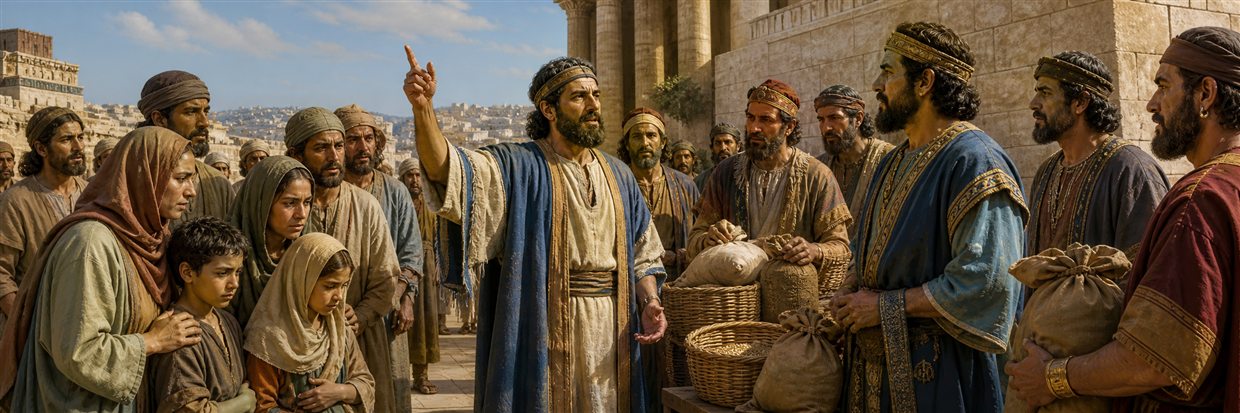 Nehemiah confronting wealthy nobles as indebted families stand before the public assembly