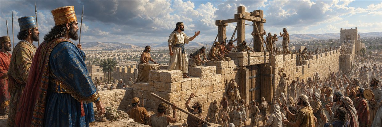 Nehemiah overseeing the final gate installation while hostile officials watch the completed wall
