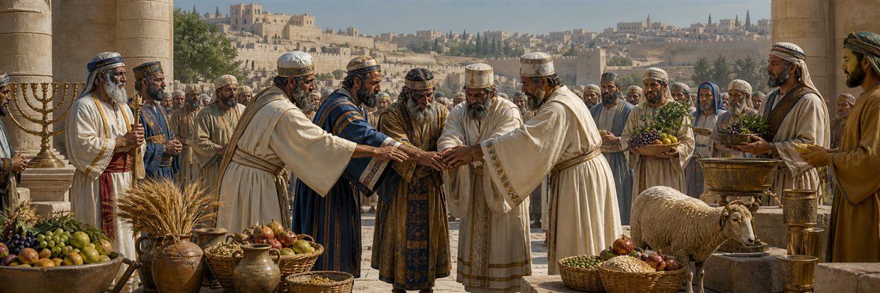 Community leaders affirming covenant commitments surrounded by offerings and temple servants