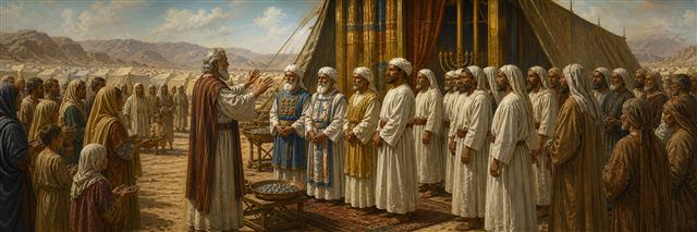 Levite families assembled near the tabernacle while priests count redemption silver