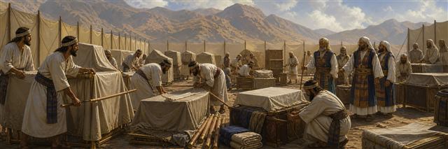 Levite clans preparing covered sanctuary furnishings, curtains, and frames for travel