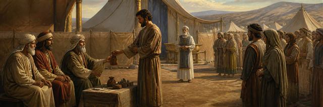 An Israelite restoring property as priests and elders hear disputes near the camp