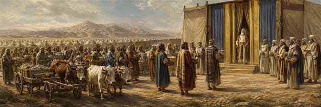 Israel’s tribal leaders presenting wagons, oxen, and precious vessels at the tabernacle