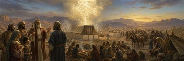Israelite families observing Passover beneath the cloud over the wilderness tabernacle