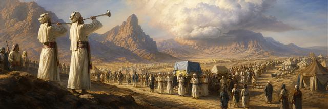 Priests sounding silver trumpets as Israel’s ordered procession departs from Sinai