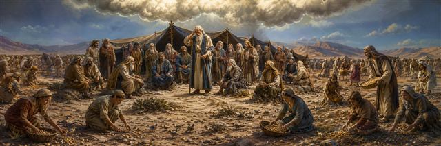 Moses and seventy elders gathered while quail descend around Israel’s wilderness camp