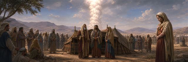 Moses interceding near the tabernacle while Miriam waits apart from the camp