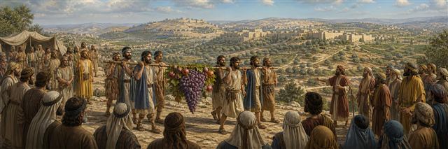 Israelite scouts returning from Canaan with a large cluster of grapes and fruit