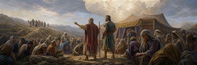 Joshua and Caleb appealing to Israel as the fearful assembly gathers in the wilderness