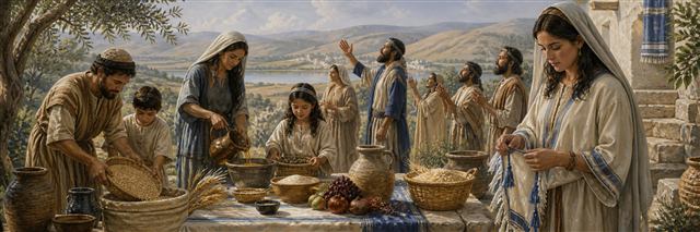 Israelite families presenting grain and drink offerings while wearing blue-cord tassels