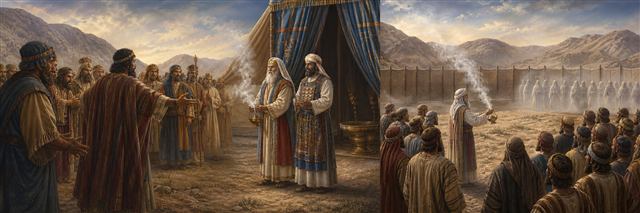 Bronze censers before the tabernacle as Aaron carries incense among the gathered people