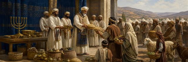 Israelites bringing firstfruits and tithes to priests and Levites beside the tabernacle
