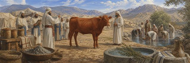 Priests preparing red-heifer ashes and fresh water for purification outside the camp