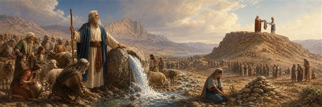 Water flowing from a struck rock while Aaron’s priestly garments pass to Eleazar