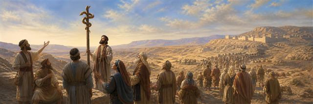Israelites looking toward the bronze serpent on a pole with distant Transjordan cities