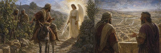Balaam’s donkey stopping before an angel on the road while Balak waits beyond