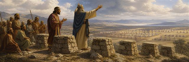 Balaam delivering an oracle beside seven altars overlooking Israel’s ordered camp
