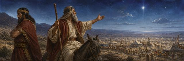 Balaam overlooking Israel’s tents beneath a radiant star suggesting the promised ruler