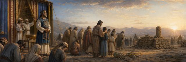 Grieving Israelite families turning from a foreign altar toward priests at the tabernacle