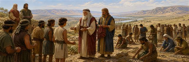 Moses and Eleazar counting a new generation of tribal families on the plains of Moab