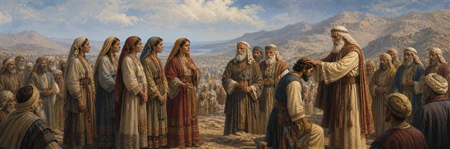Zelophehad’s five daughters before Moses while elders lay hands on Joshua