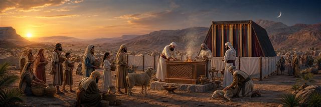 Priests tending the wilderness altar from sunset toward evening as families bring offerings