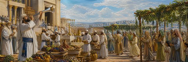 Israelites gathering with a silver trumpet and leafy booths during seventh-month observances
