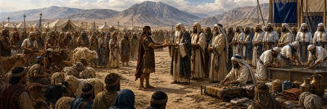 Israelite soldiers returning from Midian as priests oversee purification and divide goods