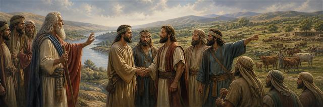 Moses and tribal leaders reaching agreement beside herds and pasture east of the Jordan
