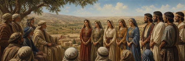 Zelophehad’s daughters with their husbands and clan elders overlooking inherited fields