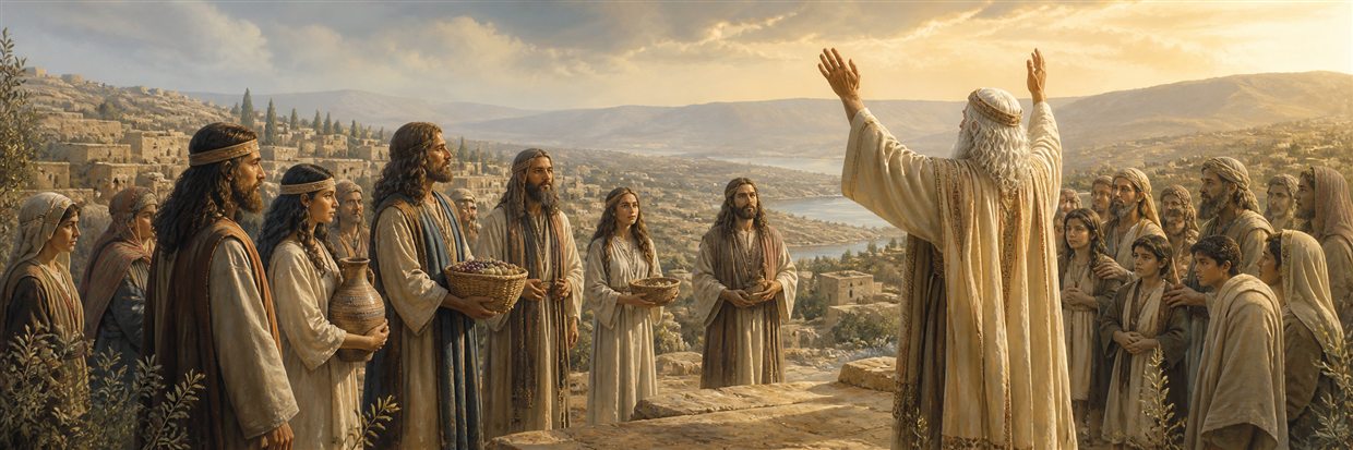 Nazirites gathered near the tabernacle while Aaron raises his hands in blessing