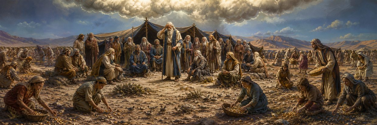 Moses and seventy elders gathered while quail descend around Israel’s wilderness camp