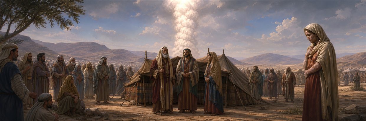 Moses interceding near the tabernacle while Miriam waits apart from the camp