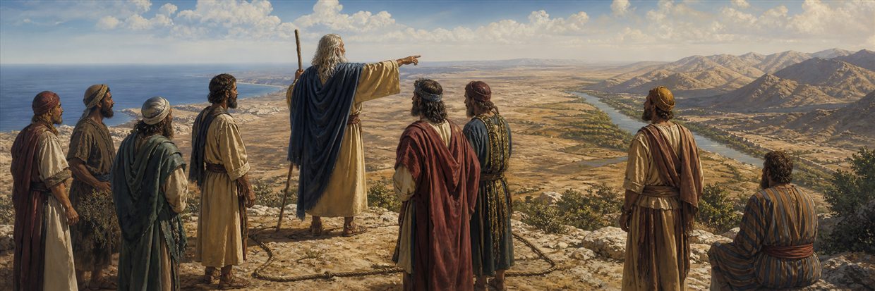 Moses and tribal representatives surveying Canaan from a high ridge