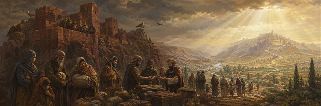 Proud rulers watch from an eagle-high red-rock fortress as refugees and divided possessions fill the valley and survivors approach radiant Mount Zion