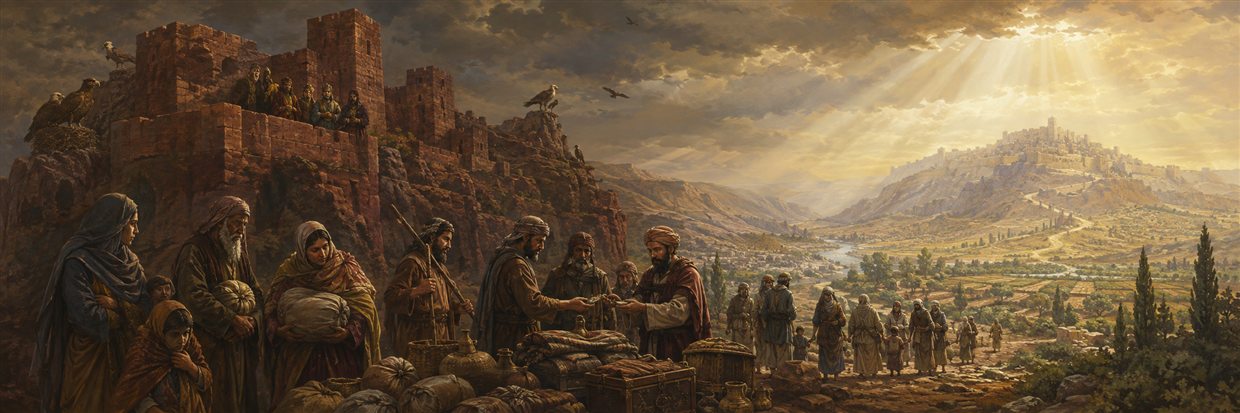 Proud rulers watch from an eagle-high red-rock fortress as refugees and divided possessions fill the valley and survivors approach radiant Mount Zion