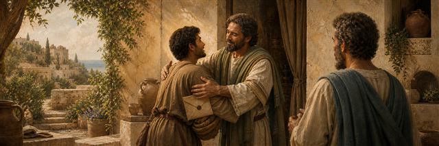 Philemon warmly embracing Onesimus at a household doorway while a messenger holds Paul’s sealed letter
