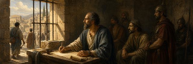 Paul writing beside a prison window while guards listen and messengers depart toward the city