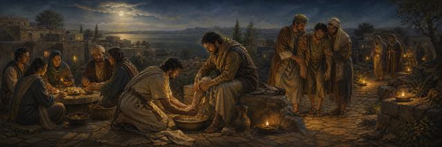 A humble community washing a traveler’s feet and supporting a sick companion beneath night lamps