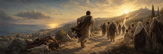 A runner leaving fine garments and honors beside the road as a community climbs toward a bright summit