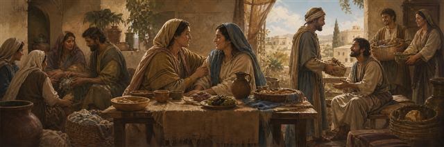 Two reconciled women serving together at a peaceful table while a messenger delivers a gift nearby