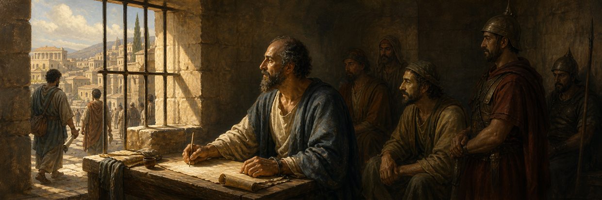 Paul writing beside a prison window while guards listen and messengers depart toward the city
