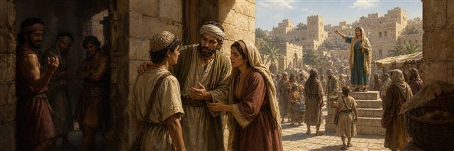Parents counsel a young man while a wise woman calls out near a group plotting violence