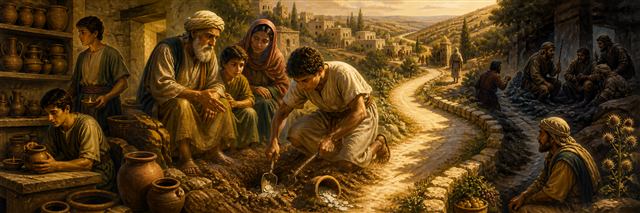 A young seeker discovers buried silver while wise guides point toward a safe mountain path