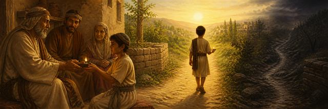 An elder passes a lamp to younger family members beside a path glowing toward sunrise